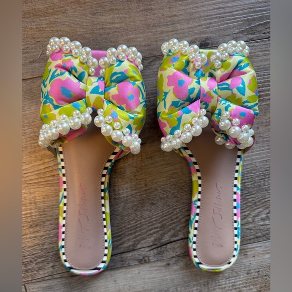 Betsey Johnson Shoes - Betsey Johnson Floral Pearl Embellished Sandals - Pink and Yellow